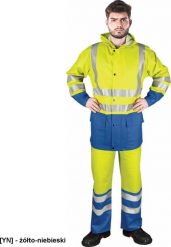 Kurtka męska R.E.I.S. KPLPUFLUO - Wysokiej jakości komplet przeciwdeszczowy z elastycznego materiału o wysokiej wytrzymałości - żółto-niebieski L. Niebieskie kurtki męskie R.E.I.S., l, bez wzorów, bez kaptura. Za 229.43 zł.