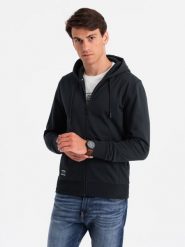 Męska rozpinana dresowa bluza BASIC – czarna V9 OM-SSBZ-0160 - XXL. Czarne bluzy męskie Ombre Clothing, l, bez wzorów, z dresówki, z kapturem. Za 125.99 zł.