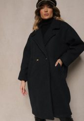 Granatowy Dwurzędowy Płaszcz Oversize z Wełną Spolete. Niebieskie płaszcze damskie Renee, bez wzorów, z wełny, eleganckie, bez kołnierzyka, bez kaptura. Za 289.99 zł.