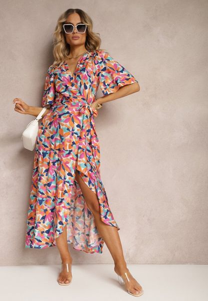 Beżowo-Różowa Sukienka z Kopertowym Dekoltem i Materiałowym Paskiem w Kwiaty Tulpia. Brązowe sukienki damskie Renee, l, z aplikacjami, z materiału, bez kołnierzyka, bez ramiączek, midi, kopertowe. Za 169.99 zł.