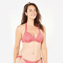 Góra kostiumu kąpielowego surfingowego damska Olaian Elena. Czerwone bikini OLAIAN, bez wzorów, z elastanu. W wyprzedaży za 59.99 zł.