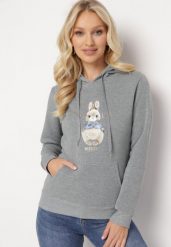 Szara Bluza z Kapturem i Nadrukiem Diames. Szare bluzy damskie Born2be, l, bez wzorów, z polaru, casualowe, bez ramiączek, z kapturem. Za 84.99 zł.