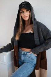 Sweter Kardigan z kapturem w pasy grafitowy+brązowy+camelowy. Brązowe kardigany damskie KESI, l, bez wzorów, z jeansu, bez kołnierzyka, plus size. Za 209.08 zł.