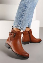 Jasnobrązowe Botki Typu Sztyblety Zdobione Elegancką Klamrą Delarael. Brązowe botki damskie Renee, z aplikacjami, eleganckie, bez obcasa, na obcasie, bez zapięcia. Za 54.99 zł.