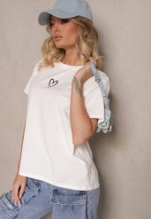 Biała Bawełniana Bluzka z Motywem Serca Nalithra. Białe bluzki damskie Renee, m, bez wzorów, z bawełny, eleganckie, bez kołnierzyka, bez ramiączek. Za 39.99 zł.