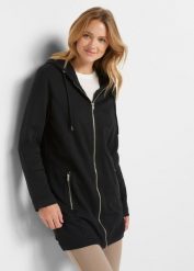 Długa bluza rozpinana z kieszeniami z zamkiem. Czarne bluzy damskie bonprix, bez wzorów, bez ramiączek, z kapturem. Za 149.99 zł.