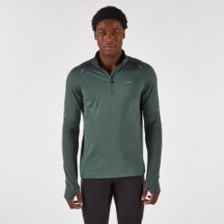 Bluza do biegania męska Kiprun Run 500 Warm ocieplana. Zielone bluzy męskie KIPRUN, m, bez wzorów, z elastanu, sportowe, bez ramiączek, bez kaptura. Za 99.99 zł.