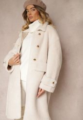 Biały Płaszcz Futerkowy Zdobiony Metalicznymi Zapięciami i Paskami przy Rękawach Cesilda. Białe płaszcze damskie Renee, l, z aplikacjami, z wełny, eleganckie, bez kołnierzyka, bez kaptura. Za 259.99 zł.