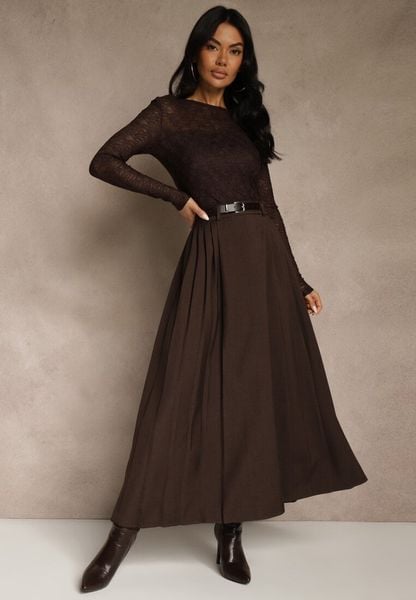 Brązowa Rozkloszowana Spódnica z Wiskozy z Dodatkowym Paskiem z Klamrą Lowedina. Brązowe spódnice damskie Renee, l, bez wzorów, z wiskozy, maxi, oversize. Za 139.99 zł.