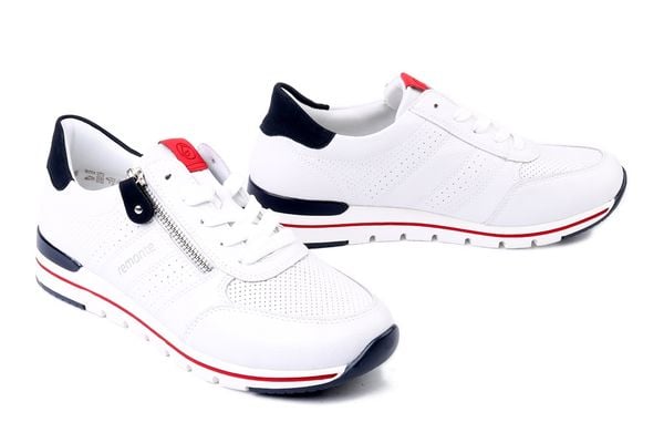 RIEKER REMONTE R6705-82 white combination, półbuty damskie. Białe półbuty damskie Rieker Remonte, bez wzorów, ze skóry, bez obcasa, bez zapięcia. Za 429.90 zł.