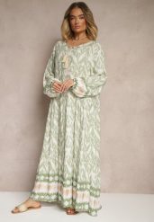 Zielona Wiskozowa Sukienka z Printem w Stylu Boho z Chwostami Erianea. Zielone sukienki damskie Renee, na co dzień, l, bez wzorów, z wiskozy, boho, bez kołnierzyka, bez ramiączek, maxi, proste. Za 69.99 zł.