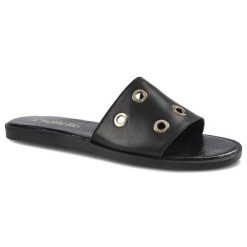Czarne Klapki Chebello Damskie Stylowe Buty. Czarne klapki damskie CheBello, na lato, bez wzorów, z materiału, eleganckie, bez obcasa, na płaskiej podeszwie, bez zapięcia. Za 149.00 zł.