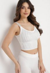 Biały Dopasowany Top z Drobnymi Cyrkoniami Eraina. Białe topy damskie Born2be, xs, bez wzorów, eleganckie, bez kołnierzyka, bez ramiączek. Za 34.99 zł.