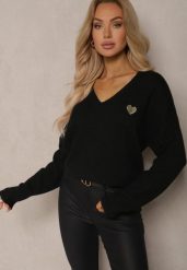 Czarny Sweter z Wełną i Dekoltem w Serek Ziviola. Czarne swetry nierozpinane damskie Renee, bez wzorów, z jeansu, biznesowe, bez kołnierzyka, bez ramiączek. Za 119.99 zł.