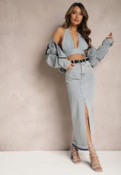 Jasnoniebieska Ołówkowa Spódnica Jeansowa z Ozdobnym Rozcięciem Lefrana. Niebieskie spódnice damskie Renee, m, bez wzorów, z jeansu, eleganckie, z podwyższonym stanem, maxi, dopasowane. Za 99.99 zł.