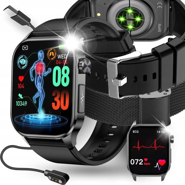SMARTWATCH Z POMIAREM CUKRU EKG CIŚNIENIE TEMPERATURA HRV BMI DLA SENIORA. Zegarki smartwatch JG Smart, bez wzorów. Za 249.99 zł.