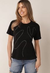 Czarny Bawełniany T-shirt Ozdobiony Cyrkoniami Monomene. Czarne t-shirty damskie Born2be, m, z aplikacjami, z bawełny, casualowe, bez kołnierzyka, bez ramiączek. Za 59.99 zł.