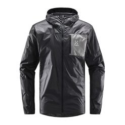 Kurtka turystyczna męska Haglöfs L.I.M Shield Hood przeciwdeszczowa. Czarne kurtki sportowe męskie Haglöfs, l, bez wzorów, z materiału, z kapturem, trekkingowe. Za 309.99 zł.