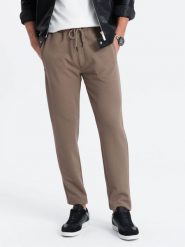 Męskie spodnie dresowe o marchewkowym kroju - brązowe V2. Brązowe spodnie sportowe męskie Ombre Clothing, m, bez wzorów, z dresówki. W wyprzedaży za 59.99 zł.