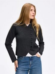 Kardigan z ozdobnym zapięciem - szary. Szare kardigany damskie Reserved, l, bez wzorów, z dzianiny, bez kołnierzyka. Za 169.99 zł.