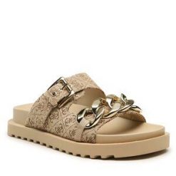 Klapki Guess. Brązowe klapki damskie Guess, z aplikacjami, bez obcasa, bez zapięcia. Za 459.99 zł.