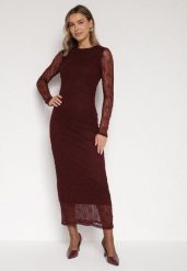 Bordowa Dopasowana Sukienka Koronkowa z Długim Rękawem Zenika. Czerwone sukienki damskie Born2be, na imprezę, na jesień, l, bez wzorów, z futra, eleganckie, bez kołnierzyka, bez ramiączek, dopasowane. Za 139.99 zł.