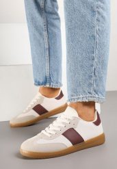 Beżowo-Bordowe Sneakersy Tenisówki w Kultowym Stylu Neolithaen. Białe trampki i tenisówki damskie Renee, bez wzorów, z jeansu, bez zapięcia. Za 74.99 zł.