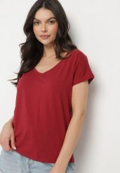 Bordowy Bawełniany T-shirt z Trójkątnym Dekoltem Linarosea. Czerwone t-shirty damskie Born2be, l, bez wzorów, z bawełny, bez kołnierzyka, bez ramiączek. Za 39.99 zł.
