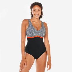 Strój jednoczęściowy do aquafitness damski Nabaiji 100 Rosy. Brązowe stroje kąpielowe damskie Decathlon, l, bez wzorów, z materiału. Za 139.99 zł.