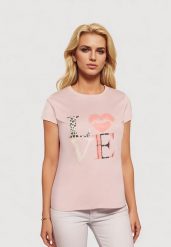 Jasnoróżowy T-shirt z Krótkim Rękawem i Ozdobnym Nadrukiem Testolene. Czerwone t-shirty damskie Born2be, plus size, bez wzorów, z jeansu, klasyczne, bez kołnierzyka, bez ramiączek. Za 39.99 zł.