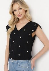 Czarna Bluzka Top z Wiskozy bez Rękawów z Falbankami w Haftowane Serduszka Taella. Czarne topy damskie Born2be, l, bez wzorów, z jeansu, eleganckie, bez kołnierzyka, bez ramiączek. Za 44.99 zł.