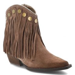 Brązowe Kowbojki Artiker Eleganckie Buty Damskie Z Frędzlami. Brązowe kozaki damskie Artiker, bez wzorów, z jeansu, ze szpiczastym noskiem, bez obcasa, na obcasie, bez zapięcia. Za 280.99 zł.