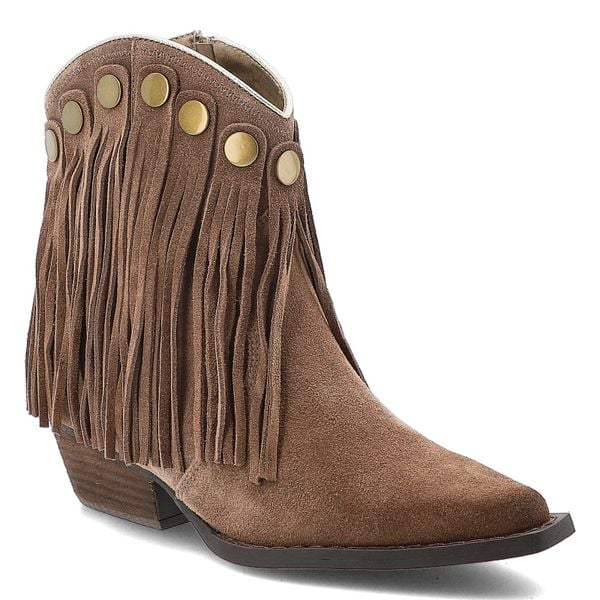 Brązowe Kowbojki Artiker Eleganckie Buty Damskie Z Frędzlami. Brązowe kozaki damskie Artiker, bez wzorów, z jeansu, ze szpiczastym noskiem, bez obcasa, na obcasie, bez zapięcia. Za 263.99 zł.