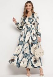 Beżowo-Zielona Satynowa Sukienka Maxi Rozkloszowana z Guzikami Ulrina. Zielone sukienki damskie Born2be, s, bez wzorów, z materiału, eleganckie, bez kołnierzyka, bez ramiączek, maxi, rozkloszowane. Za 69.99 zł.