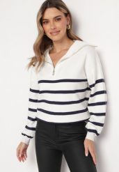 Biało-Granatowy Golf Sweter Zapinany na Suwak w Paski Sakine. Białe swetry nierozpinane damskie Born2be, m, bez wzorów, bez kołnierzyka, bez ramiączek. Za 129.99 zł.
