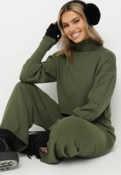 Zielony Komplet Dzianinowy z Wiskozą Bluza Golf ze Ściągaczami i Szerokie Spodnie Noridra. Zielone bluzy damskie Born2be, bez wzorów, z dzianiny, wizytowe, bez ramiączek, bez kaptura. Za 149.99 zł.