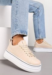 Beżowe Sznurowane Sneakersy na Platformie z Ekoskóry z Przeszyciami Onurte. Brązowe obuwie sportowe damskie Renee, bez wzorów, bez zapięcia. Za 74.99 zł.