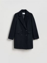 Płaszcz z dodatkiem wełny - granatowy. Niebieskie płaszcze damskie Reserved, l, bez wzorów, z tkaniny, klasyczne, bez kołnierzyka, bez kaptura. Za 279.99 zł.