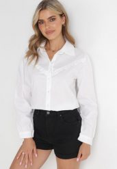 Biała Koszula z Bawełny z Falbanką Aloson. Białe koszule damskie Born2be, uniwersalny, bez wzorów, z bawełny, eleganckie, bez kołnierzyka, bez ramiączek. Za 109.99 zł.