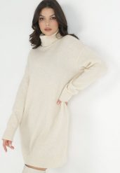 Beżowa Sukienka Wełniana Oversize z Golfem Heire. Brązowe sukienki damskie Born2be, na co dzień, m, bez wzorów, z wełny, eleganckie, bez kołnierzyka, bez ramiączek, mini, kopertowe. Za 169.99 zł.