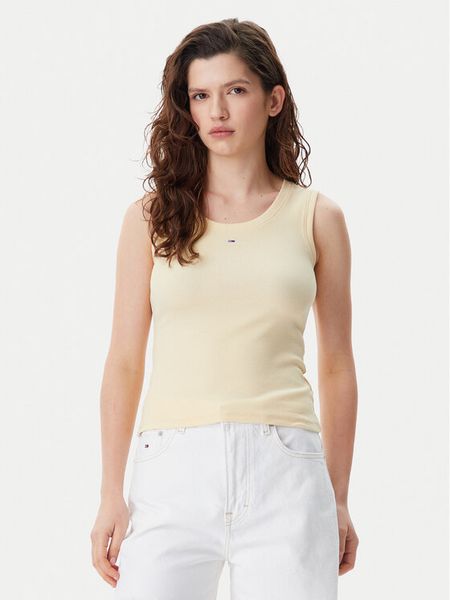 Tommy Jeans Top Essential DW0DW20673 Żółty Slim Fit. Żółte topy damskie Tommy Jeans, s, bez wzorów, z bawełny, bez kołnierzyka, bez ramiączek. Za 69.99 zł.