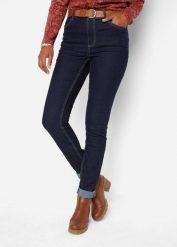 Jegginsy high-waist z wygodnym pasem. Niebieskie jeansy damskie bonprix, bez wzorów, z jeansu, z podwyższonym stanem. Za 109.99 zł.