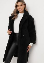 Czarny Płaszcz Teddy z Imitacji Futra Zapinany na Guziki Yohanatis. Czarne płaszcze damskie Born2be, l, bez wzorów, z futra, bez kołnierzyka, bez kaptura. Za 229.99 zł.