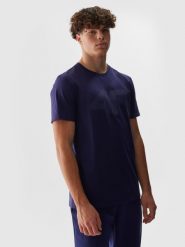 4F T-shirt regular z nadrukiem męski - granatowy M. Niebieskie t-shirty męskie 4F, m, bez wzorów, z bawełny, bez kołnierzyka, bez ramiączek. W wyprzedaży za 39.99 zł.