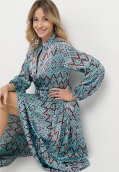 Niebiesko-Bordowa Rozkloszowana Sukienka Ściągana w Pasie Sznurkiem, Zapinana na Guziki Biemarie. Niebieskie sukienki damskie Born2be, na spotkanie biznesowe, l, bez wzorów, bez kołnierzyka, bez ramiączek, maxi, rozkloszowane. Za 139.99 zł.