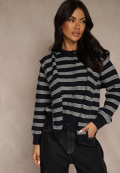 Granatowy Kardigan z Dodatkiem Wełny Zdobiony Wzorem w Paski i Narzutką Fedira. Niebieskie kardigany damskie Renee, z aplikacjami, z jeansu, klasyczne, bez kołnierzyka. Za 119.99 zł.