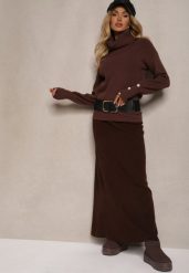 Brązowa Spódnica z Wełną High Waist o Rozkloszowanym Kroju Emirela. Brązowe spódnice damskie Renee, do pracy, uniwersalny, bez wzorów, z materiału, biznesowe, z podwyższonym stanem, maxi, dopasowane. Za 69.99 zł.