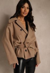 Beżowy Pudełkowy Krótki Płaszcz z Wiskozą z Wiązanym Paskiem i Kołnierzykiem Tusainea. Brązowe płaszcze damskie Renee, bez wzorów, z dzianiny, bez kołnierzyka, bez kaptura. Za 179.99 zł.