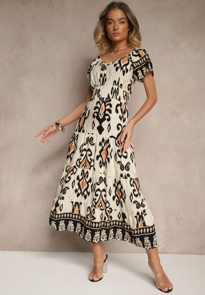 Jasnobeżowa Sukienka z Wiskozy Ozdobiona Geometrycznym Motywem Clevessa. Brązowe sukienki damskie Renee, do pracy, l, bez wzorów, z wiskozy, biznesowe, bez kołnierzyka, bez ramiączek, maxi. Za 69.99 zł.