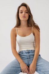 TOP SIA ECRU XS - Flawless. Topy damskie Flawless, s, bez wzorów, z jeansu, bez kołnierzyka, bez ramiączek. Za 137.00 zł.